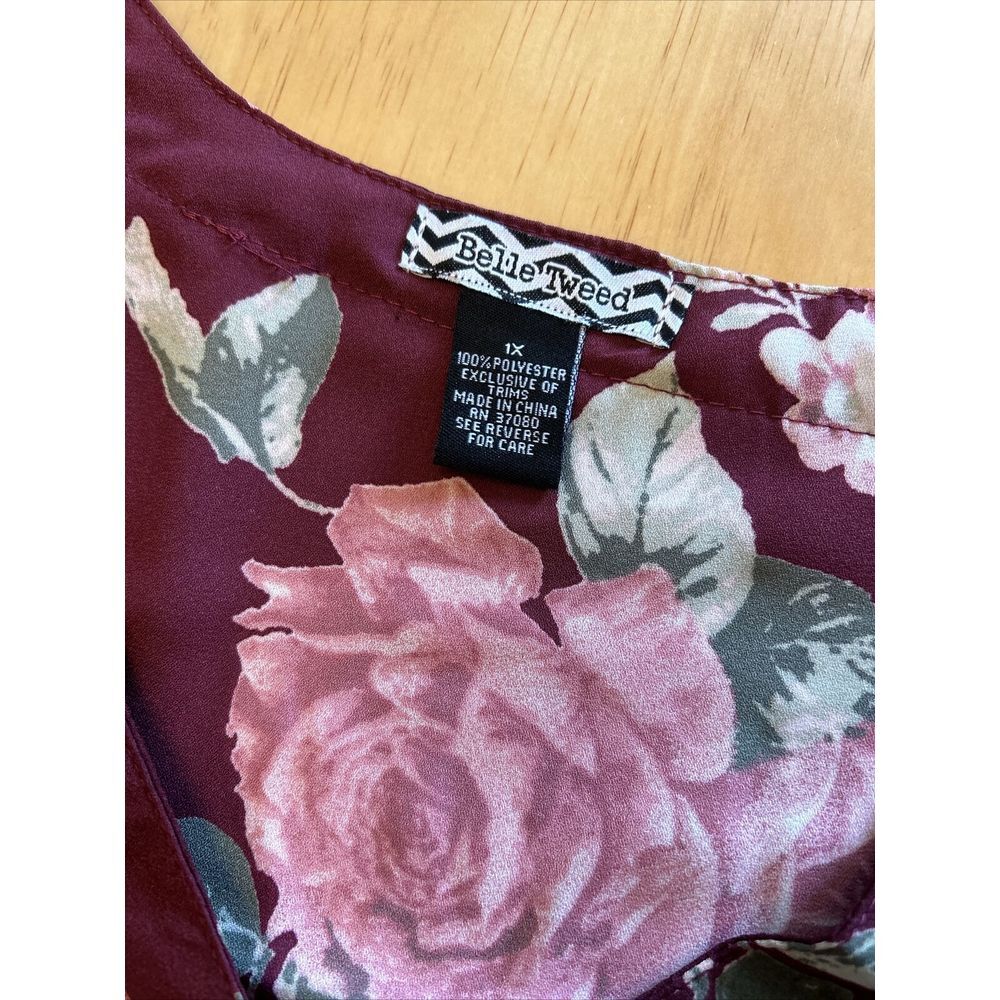 Belle Tweed Top Women 1X Blouse Chiffon Floral 3/4 Button Tab Sleeve - Picture 5 of 6